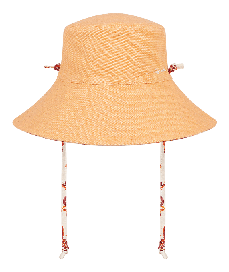 Millymook Girls Wide Brim Bucket Hat - Natural Red Orange Flower Print - Lillypilly